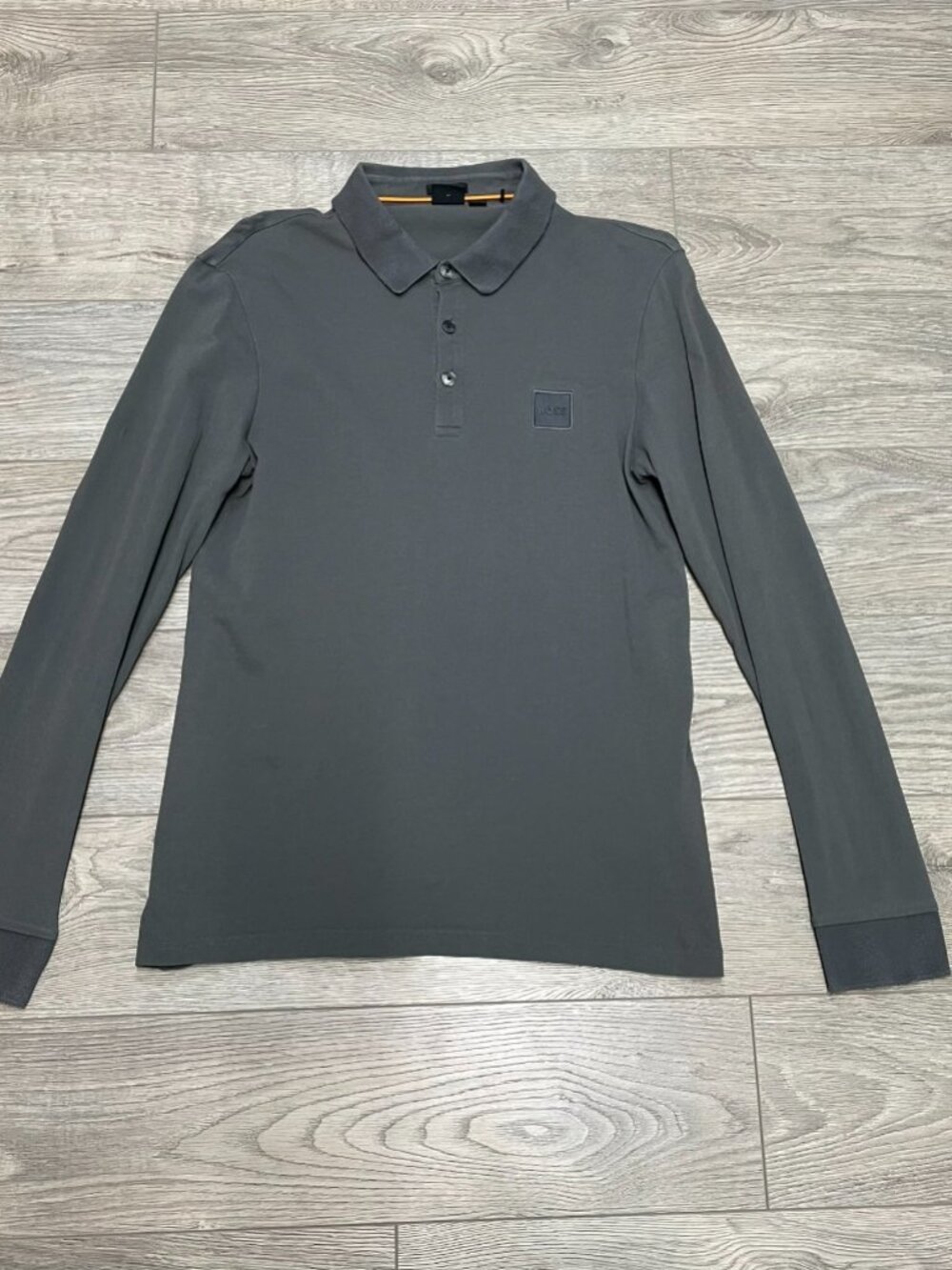 Hugo Boss Men Gray Long Sleeve Polo Shirt Slim Fit Medium Patch Logo Casual Top
